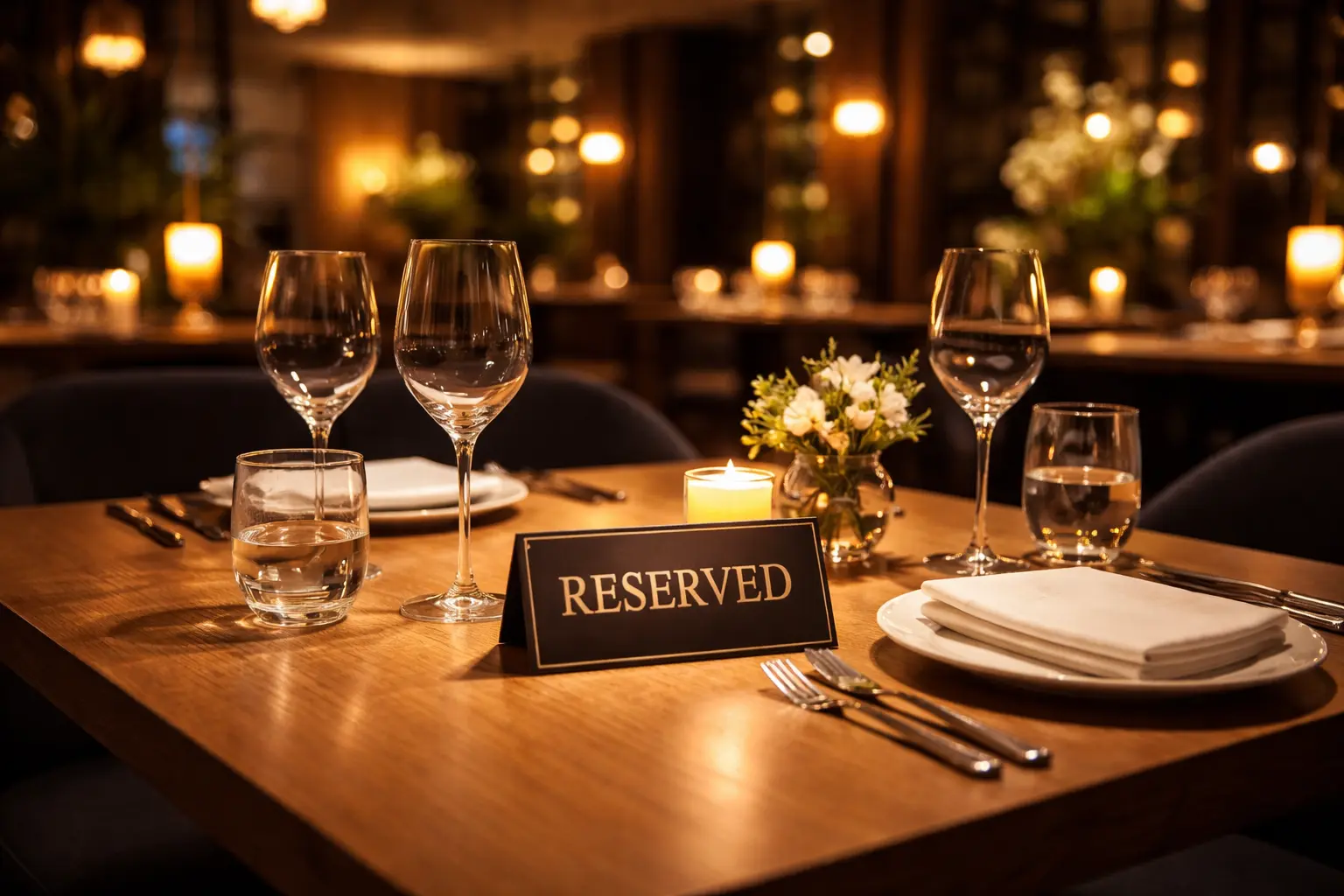 Üres éttermi asztal foglalási táblával, online foglalási rendszer koncepció